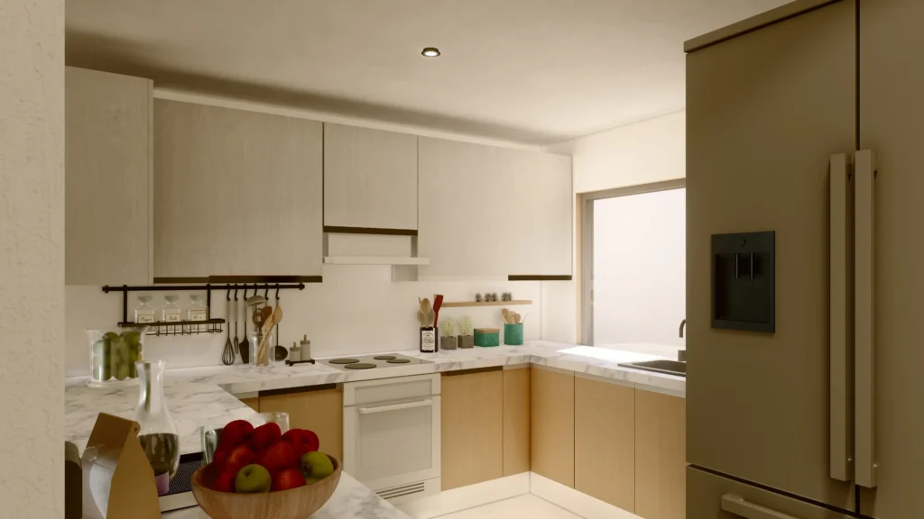 Cocina moderna en departamento de Surco, con diseño en L, encimeras de mármol, luz natural y electrodomésticos integrados.