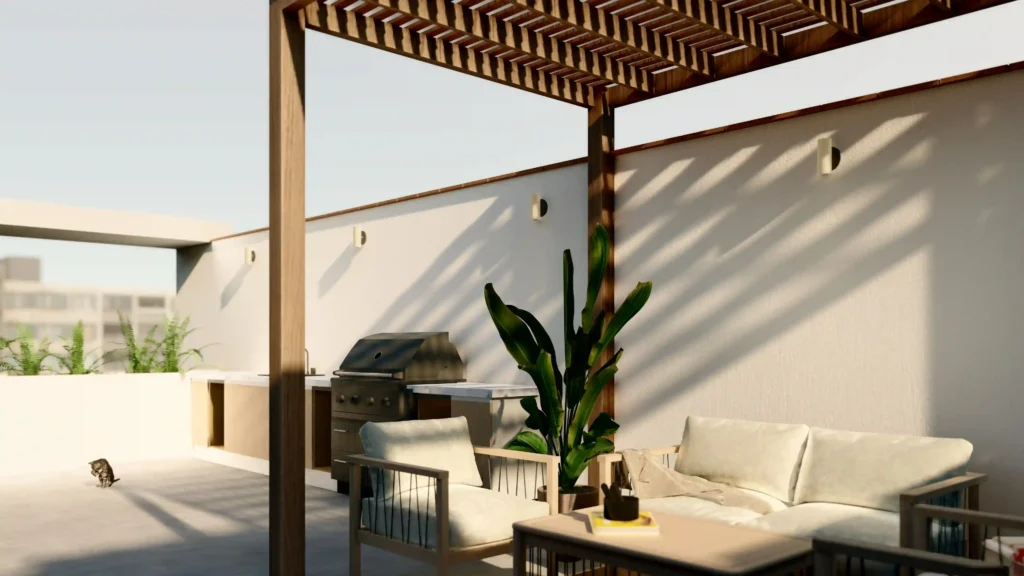 Amplia terraza con zona de parrilla, muebles de sala exterior, pérgola de madera y acabados modernos, ideal para reuniones y momentos de relax al aire libre en Surco.