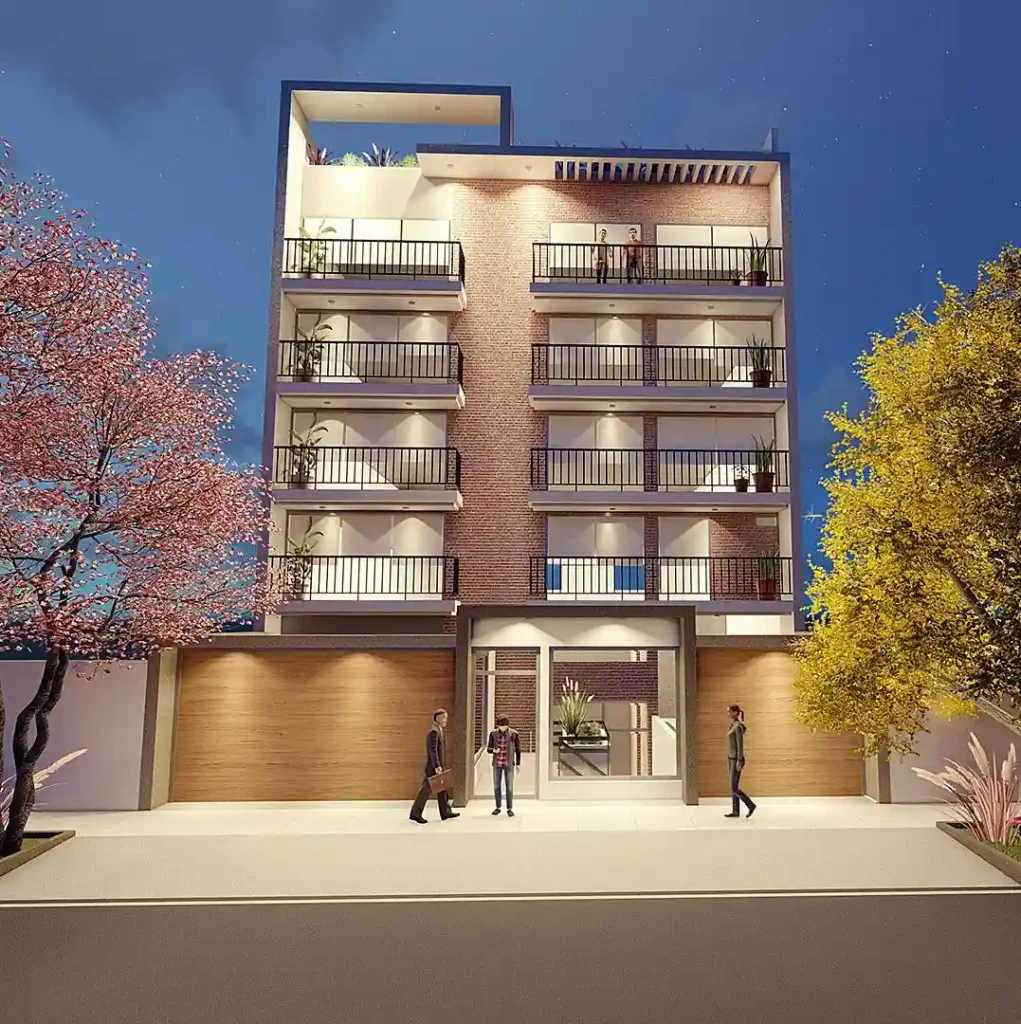 Edificio de departamentos en venta en Surco, con diseño moderno, fachada de ladrillo expuesto, balcones con plantas, y entradas iluminadas, ideal para vivir en un ambiente tranquilo y accesible