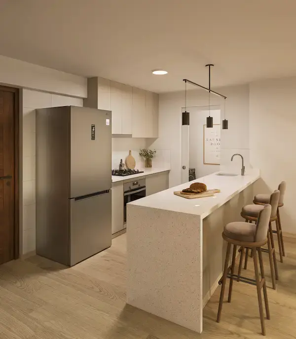 cocina estilo americana con finos acabados en departamento en venta en miraflores