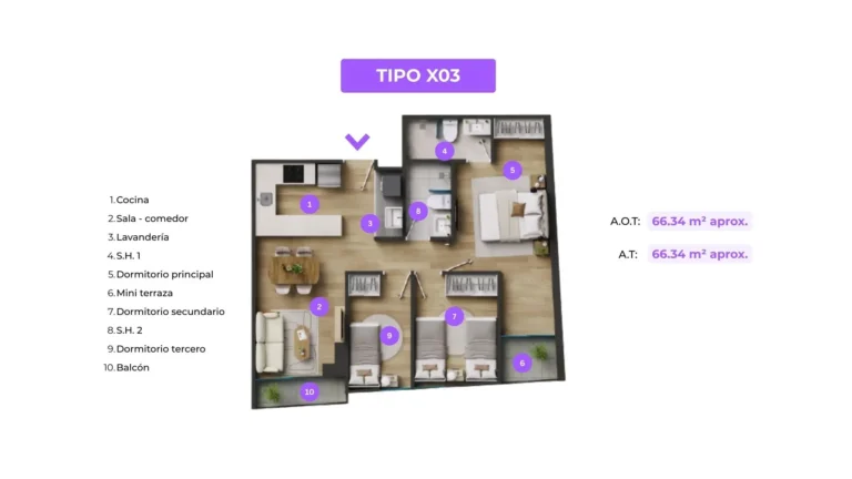 Departamento 3 dormitorios con mini terraza descripción