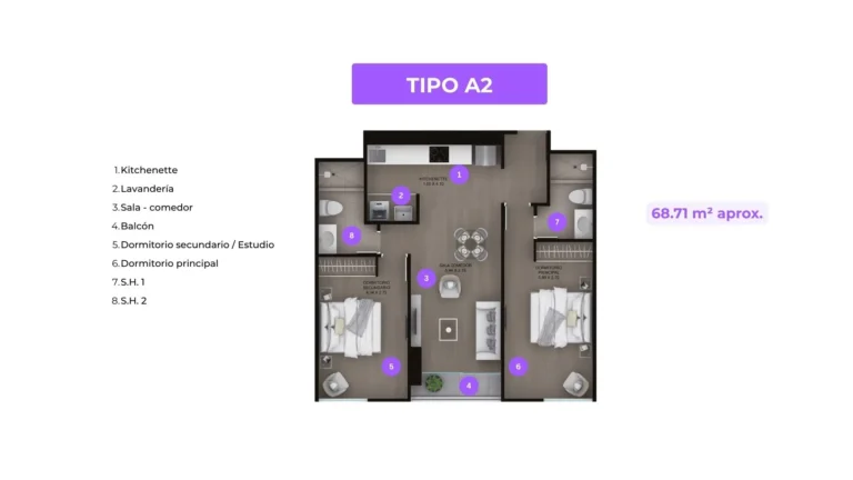 Departamento de 68 m² con 2 dormitorios en Miraflores