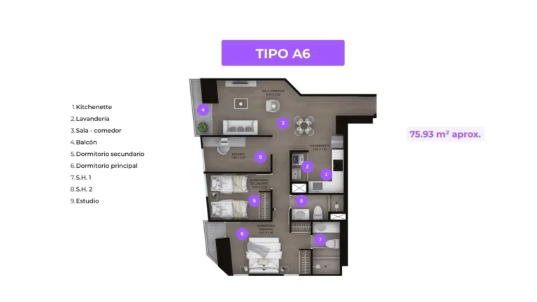 Departamento de 75 m² con 2 dormitorios y oficina en Miraflores