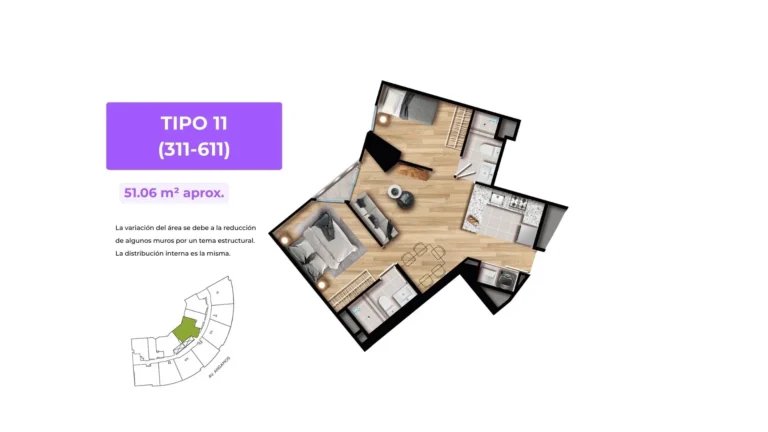 departamento de 51 m² de 2 cuartos con baño privado en Surquillo plano