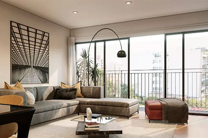 moderna sala con vista a balcón en san isidro